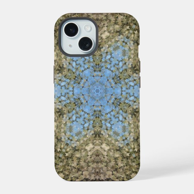 Digital Mandala Yellow and Blue iPhone 15 Case (Back)