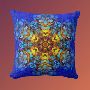 Digital Mandala Yellow and Blue Throw Pillow