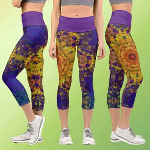 Digital Mandala Yellow Blue and Purple Capri Leggings
