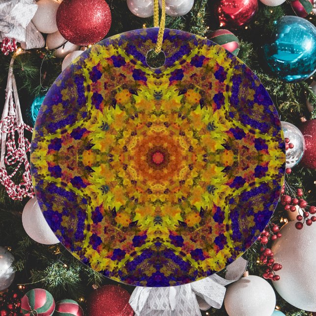 Digital Mandala Yellow Blue and Purple Ceramic Ornament (Creator Uploaded)