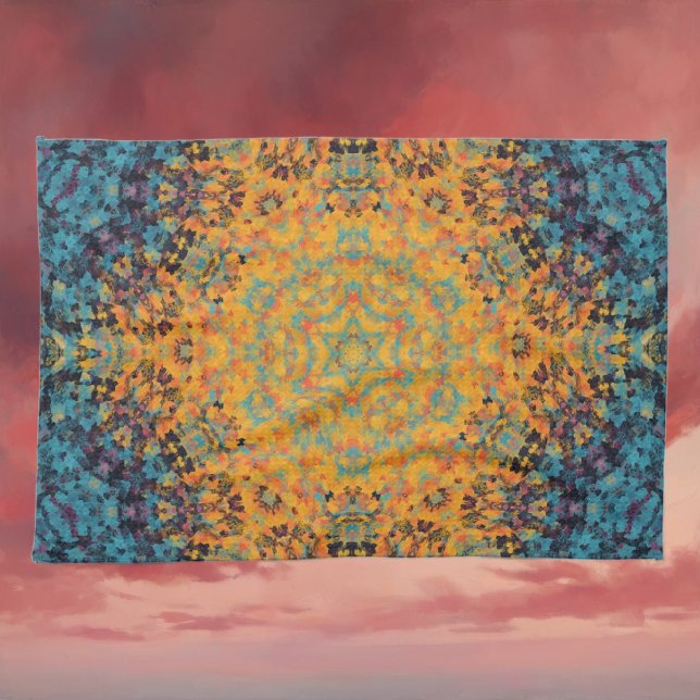 Digital Mandala Yellow Blue and Red Kitchen Towel (Yellow Blue and Red Digital Mandala Kitchen Towel by Wormhole Orbital)