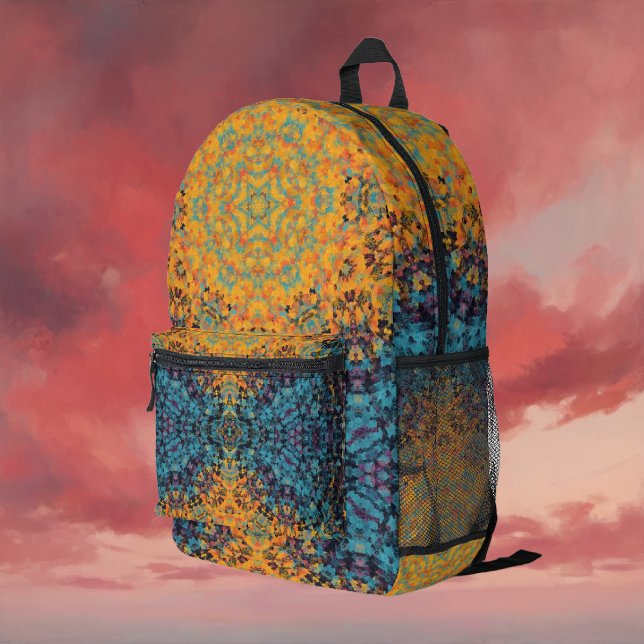 Digital Mandala Yellow Blue and Red Printed Backpack (Yellow Blue and Red Digital Mandala Backpack by Wormhole Orbital)