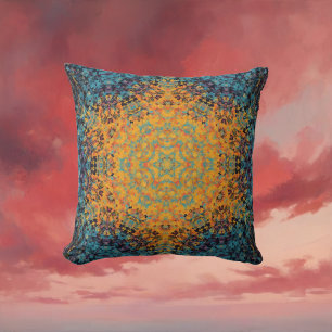 Digital Mandala Yellow Blue and Red Throw Pillow