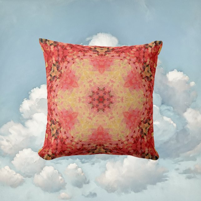 Digital Mandala Yellow, Pink, and Red Throw Pillow (Yellow Pink and Red Digital Paint Mandala Throw Pillow By Wormhole Orbital)