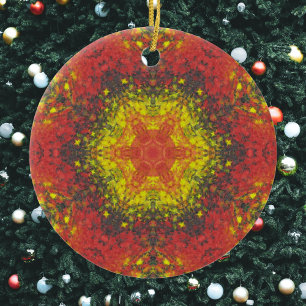 Digital Mandala Yellow Red and Black Ceramic Ornament