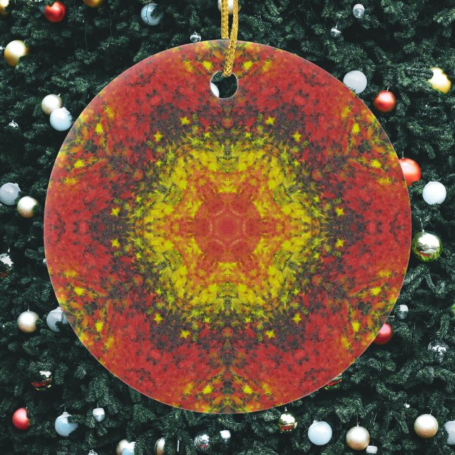 Digital Mandala Yellow Red and Black Ceramic Ornament (Yellow Red and Black Digital Paint Mandala Ornament by Wormhole Orbital)