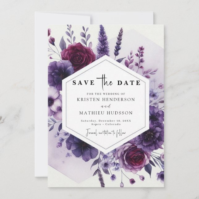 Digital Minimal Purple Floral Wedding Save The Date (Front)