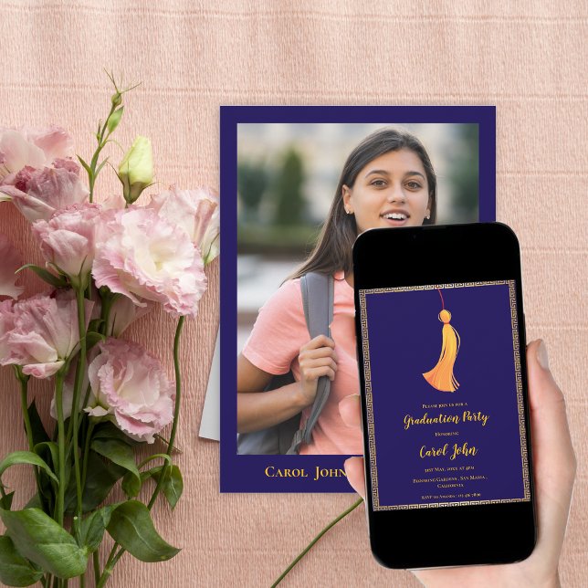 Digital Navy Blue Gold Tassel Graduation Party Invitation (Digital Graduation Party Invitation | Navy Blue Gold Tassel Graduation Invite)