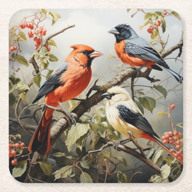 Digital Painting of 3 Colourful Birds Square Paper Coaster (Front)