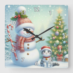 Digital Painting of a Snowman with Kitty Cat Square Wall Clock