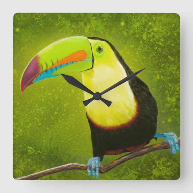 Digital Painting of a Tropical Jungle Toucan Bird Square Wall Clock (Front)