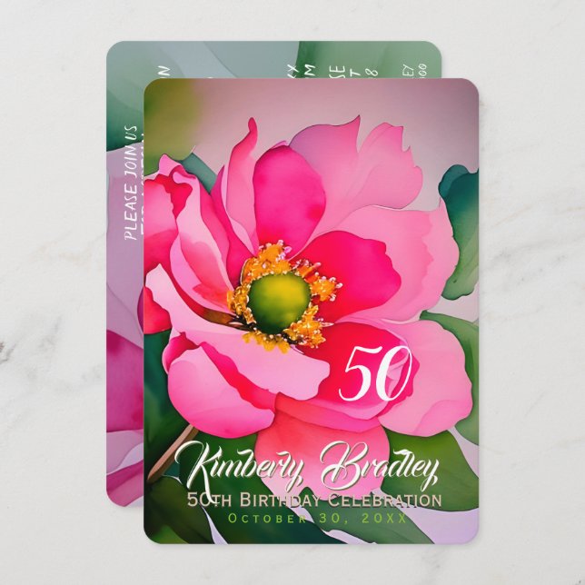 Digital Peony F watercolors 50th Birthday Party I Invitation (Front/Back)