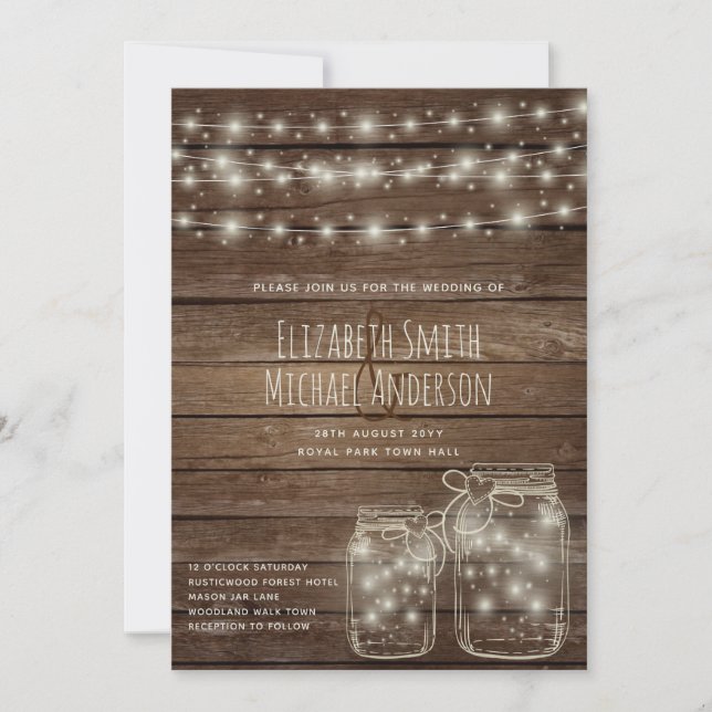 Digital Rustic Wedding Invite Mason Jars Lights (Front)