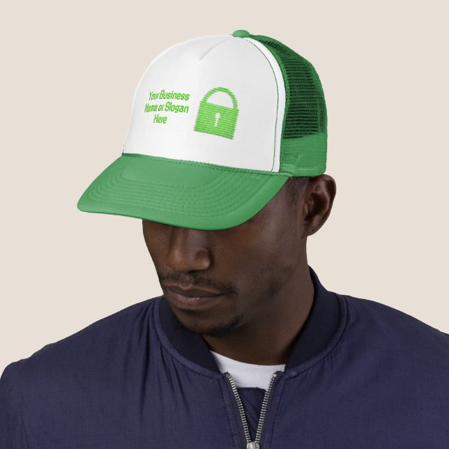 Digital Security - Green Lock with Business Name Trucker Hat (In Situ)