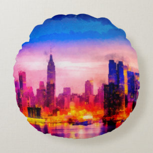 Digital structure of painting. Night cityscapecity Round Pillow