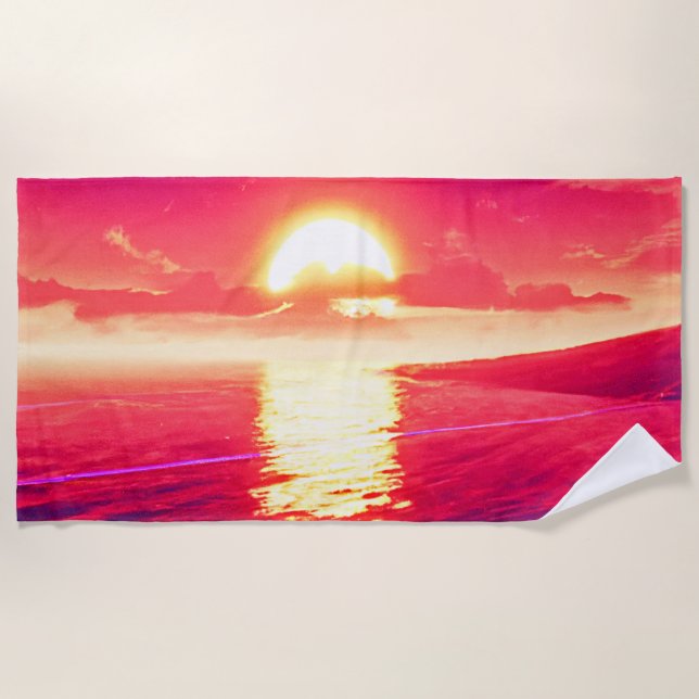 Digital Synthwave Sunset Sea Reflection Beach Towel (Front)