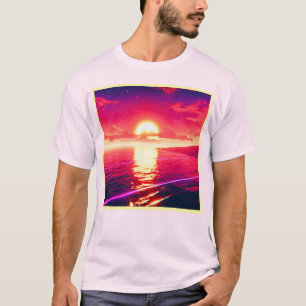 Digital Synthwave Sunset Sea Reflection T-Shirt