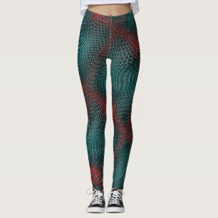 Digital twisted mesh of showy cyan wire over red t leggings