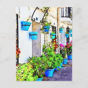 Digital watercolour of street in Mijas Pueblo Postcard