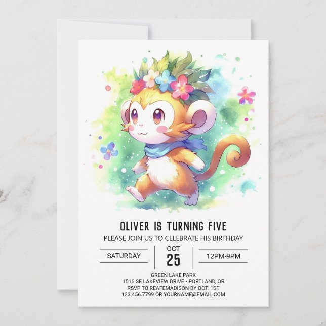 Digital Whimsical Monkey Birthday Invitation (Front)