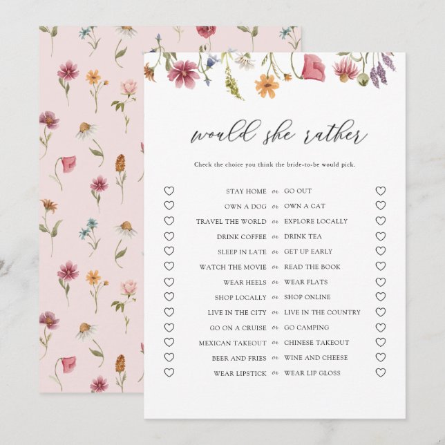 Digital Wildflower Would She Rather Bridal Shower Invitation (Front/Back)