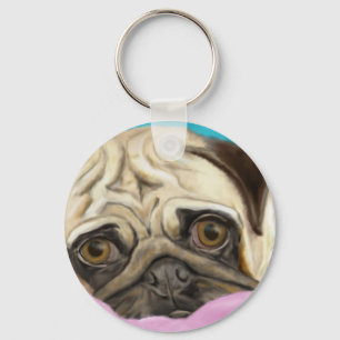 Digitally Painted Pug with Sad Eyes Lying on Rug Keychain