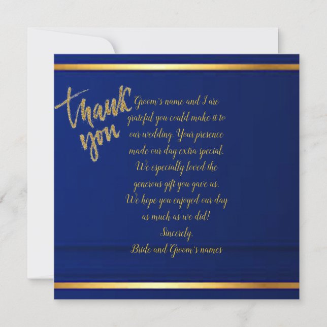 Dignified Cobalt Blue Wedding Thank You Card (Front)