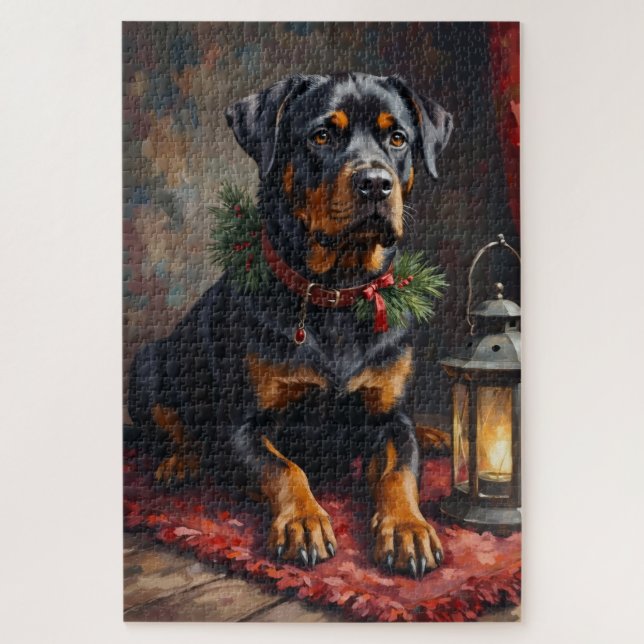 Dignified Rottweiler Dog Christmas Lantern Jigsaw Puzzle (Vertical)
