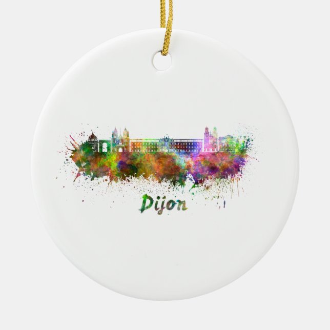 Dijon skyline in watercolor ceramic ornament (Front)