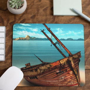 Dilapidated Boat on an Abandoned Sandy Beach Mouse Pad