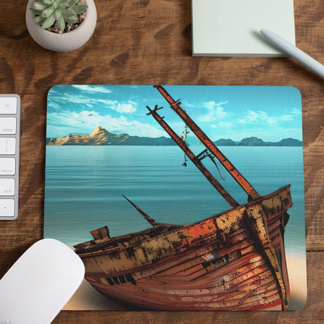 Dilapidated Boat on an Abandoned Sandy Beach Mouse Pad (Creator Uploaded)