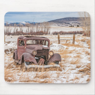 Dilapidated Old Vehicle, Winter, Rural, Mountains Mouse Pad