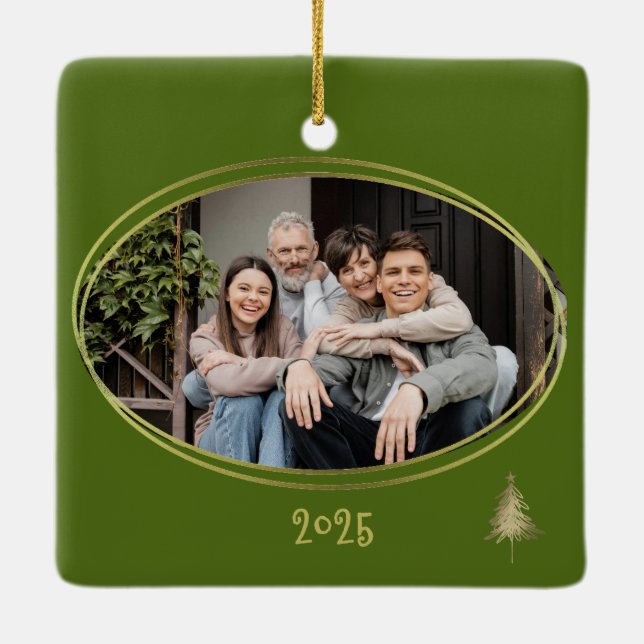 Dill Green Pink & Gold Christmas Trees  Ceramic Ornament (Back)