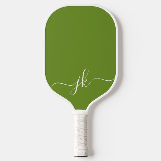 Dill Green White Script Monogram Modern  Pickleball Paddle (Front)