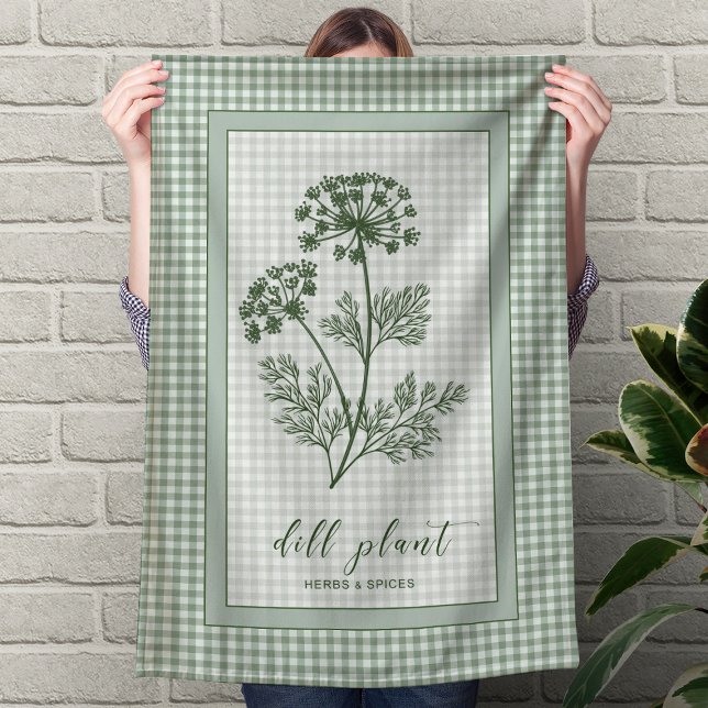 Dill Herb Kitchen Towel – Green Gingham Border (Dill Herb Kitchen Towel – Green Gingham Border)