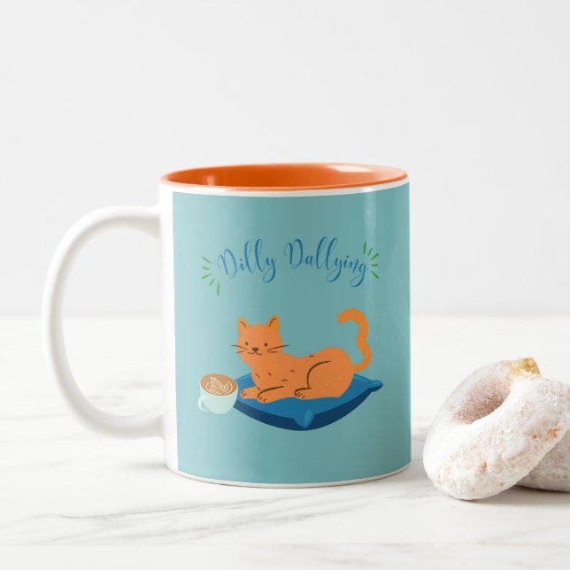 Dilly Dallying Orange Cat Two-Tone Coffee Mug (With Donut)