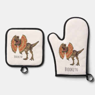 Dilophosaurus cartoon illustration  oven mitt & pot holder set