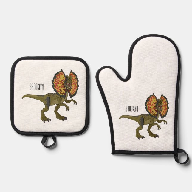 Dilophosaurus cartoon illustration oven mitt & pot holder set (Front)