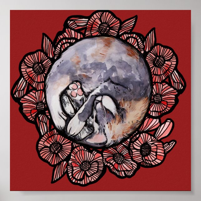 Dilute Calico Kitty Cat Red Poppy Flower Cats      Poster (Front)