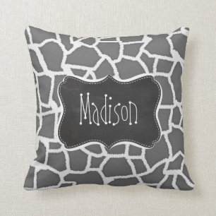 Dim Grey Giraffe Animal Print; Chalkboard Throw Pillow