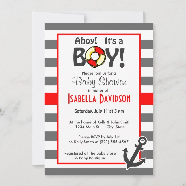 Dim Grey Horizontal Stripes; Nautical Anchor Invitation (Front)