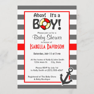 Dim Grey Horizontal Stripes; Nautical Anchor Invitation