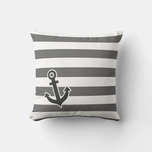 Dim Grey Horizontal Stripes; Nautical Anchor Throw Pillow (Front)