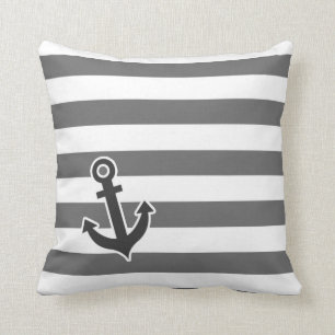 Dim Grey Horizontal Stripes; Nautical Anchor Throw Pillow
