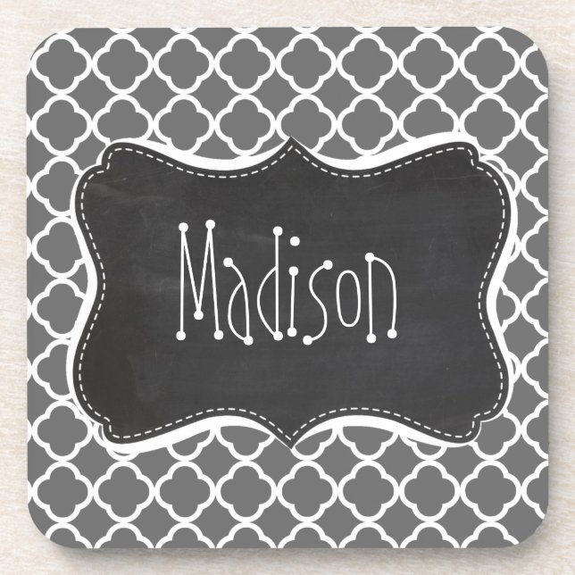 Dim Grey Quatrefoil; Chalkboard look Coaster (Front)