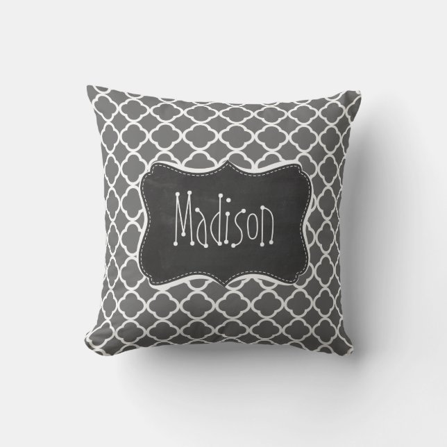 Dim Grey Quatrefoil; Chalkboard look Throw Pillow (Front)