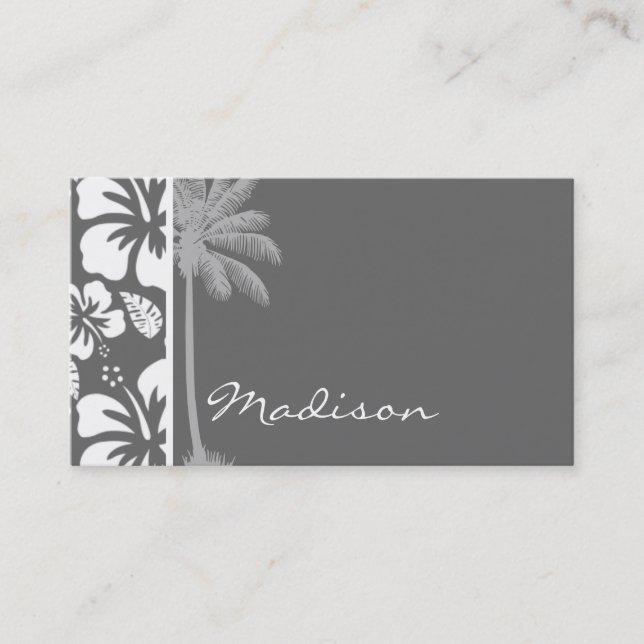 Dim Grey Tropical Hibiscus; Palm Tree Business Card (Front)