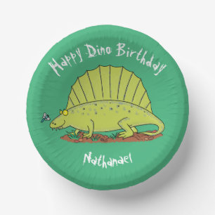 Dimetrodon happy green dinosaur cartoon paper plate