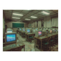 Dimly Lit Retro Computer Lab with CRT Screens