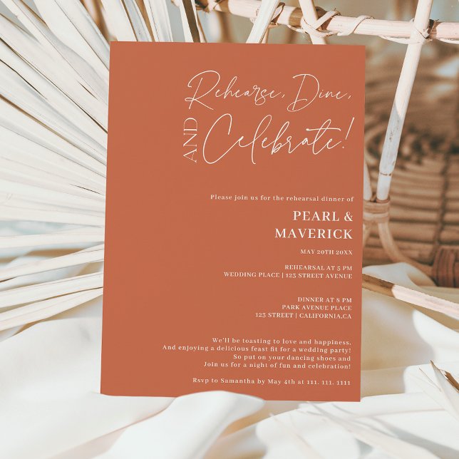 Dine celebrate boho wedding rehearsal dinner invitation (Creator Uploaded)